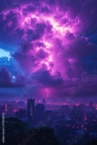 Dramatic Thunderstorm Over Cityscape at Twilight
