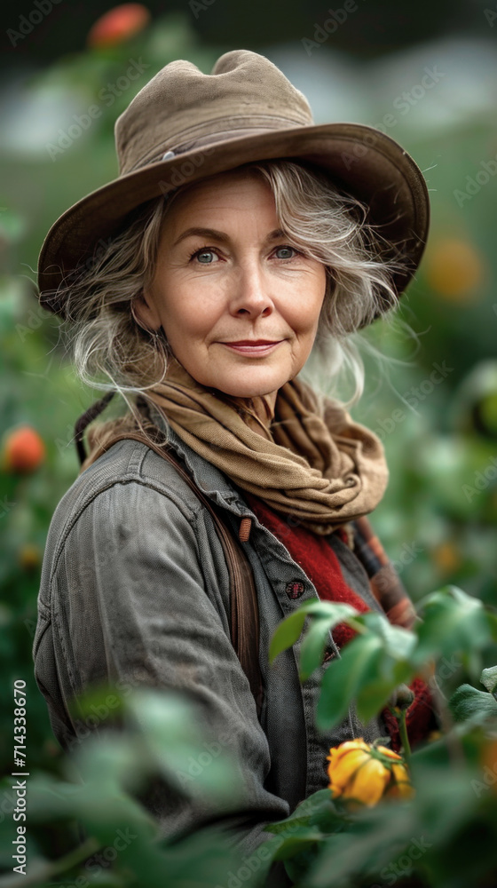 Mature Woman in Hat Smiling Amongst Greenery