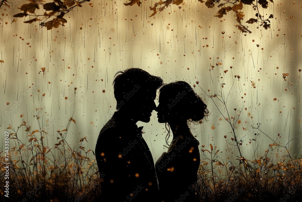 couple's silhouette is romantically outlined against the backdrop of a golden sunset and falling leaves
