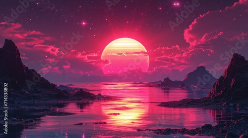 breathtaking pink sunset illuminates the sky above a calm mountain lake