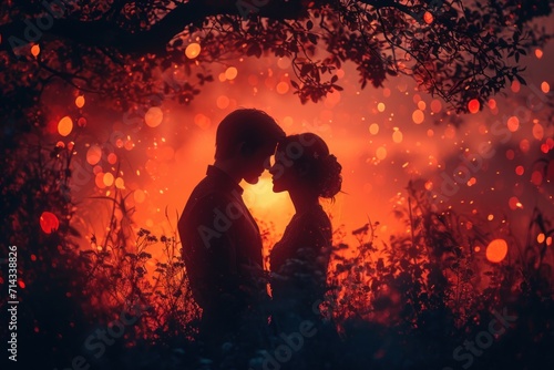Romantic Couple Silhouette Against Sunset and Bokeh Lights
