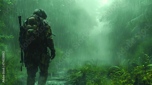  Copyspace, In the rain-soaked jungle, a soldier ready for operation, a mercenary of war, skilled in special ops and assault tactics