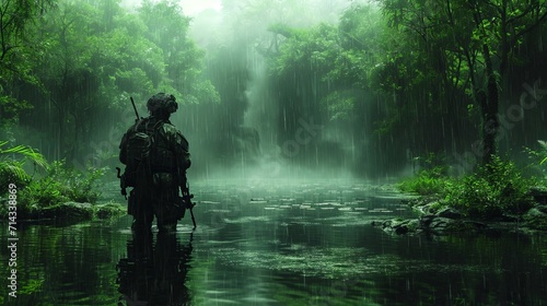 Amidst jungle warfare, a marine-trained mercenary soldier, excels in special ops under the rain, a symbol of war resilience