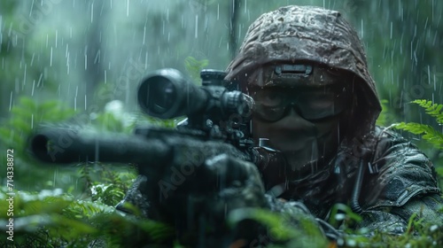 In the jungle's warzone, a special ops mercenary, combining military skill with the stealth of a sniper, readies amid the rain photo