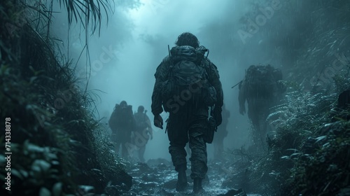 Special ops mercenary in the jungle, soldier and sniper, faces rain and war with military precision and unique prowess