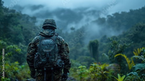 Warfare in the rainy jungle, a special ops mercenary, skilled in military assaults, embodies the spirit of a soldier, Copyspace © jechm