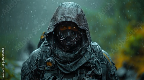 A mercenary soldier, adept in jungle warfare, advances under the rain, a key figure in special operations