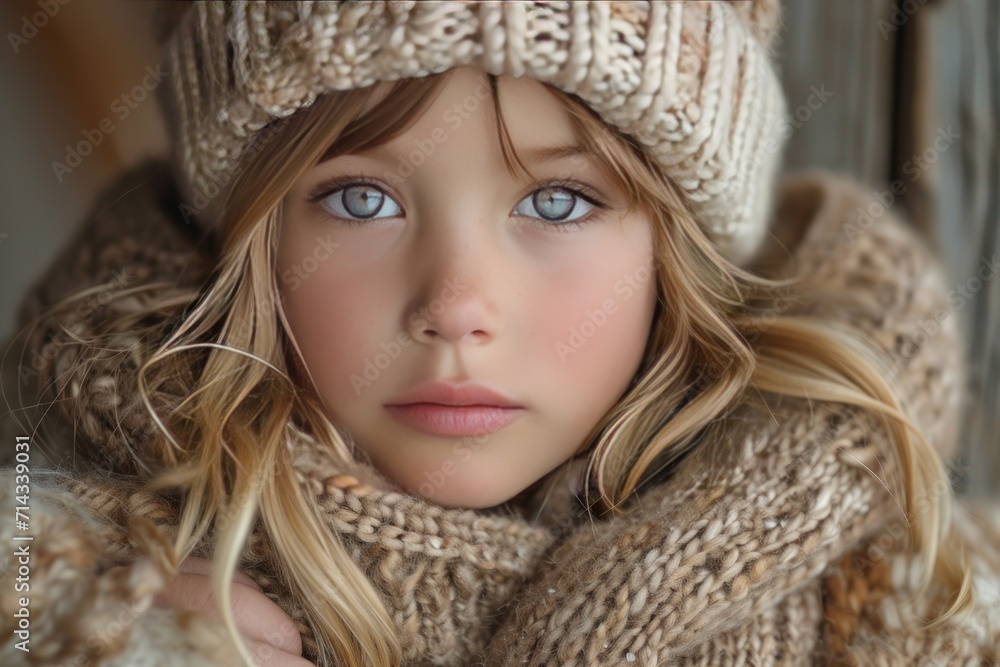 young girl with captivating eyes bundled up in soft, warm knitwear during the cold winter season young girl with captivating eyes bundled up in soft, warm knitwear during the cold winter season