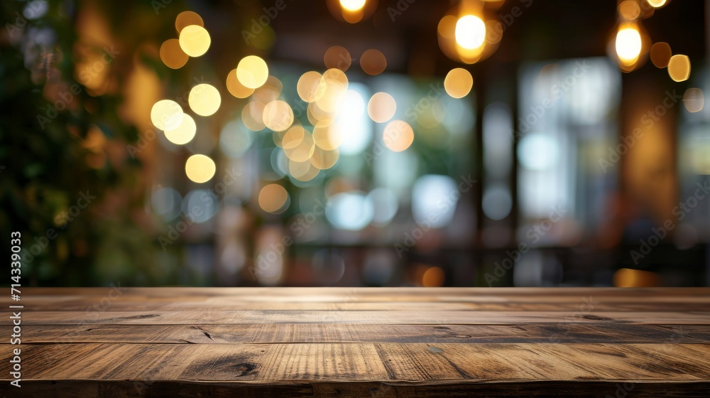 Wooden Table Top With Blurry Lights in the Background Wooden Table Top With Blurry Lights in the Background