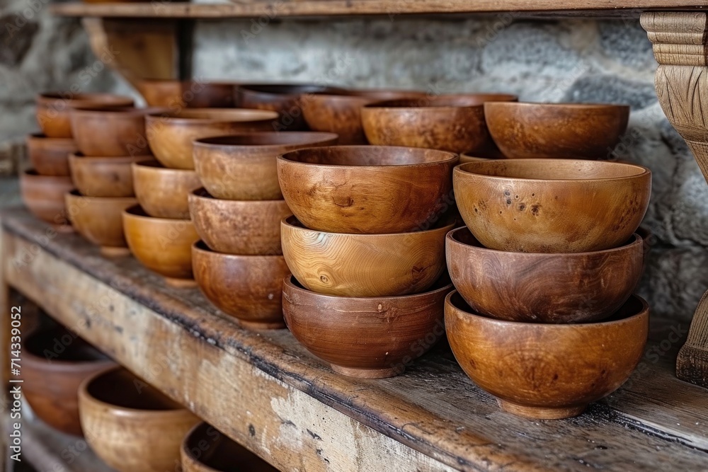 Handcrafted wooden bowls, a testament to artisanal kitchenware. These rustic homeware items are stacked in a display at the craft market, showcasing the beauty of natural materials and woodturning cra Handcrafted wooden bowls, a testament to artisanal kitchenware. These rustic homeware items are stacked in a display at the craft market, showcasing the beauty of natural materials and woodturning cra