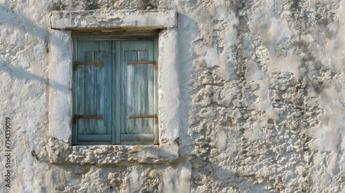  a close up of a window on the side of a building with a blue door and a window sill on the side of the building with a small window. © Anna