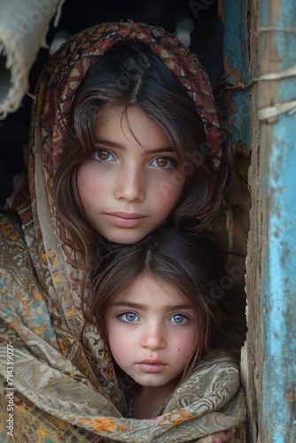 Poignant Portrait of Two Young Girls in Traditional Attire