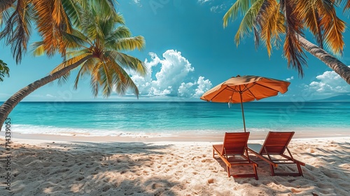 Tropical Beach Paradise with Sun Loungers and Umbrella
