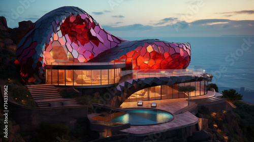A beautiful modern home in the mountains overlooking the ocean, in the style of colorful biomorphic forms photo