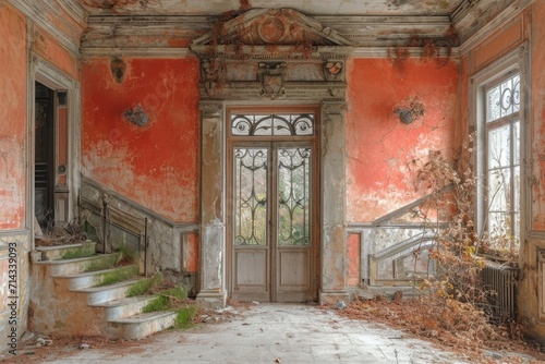 once-grand interior shows signs of decay, with peeling paint and overgrowth, hinting at its former opulence