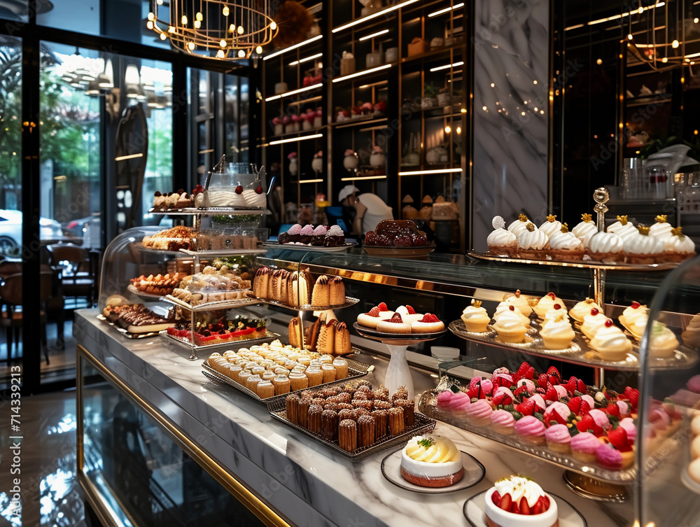 patisserie with elegant décor, gourmet pastries beautifully arranged, a luxurious and sophisticated atmosphere, soft lighting patisserie with elegant décor, gourmet pastries beautifully arranged, a luxurious and sophisticated atmosphere, soft lighting