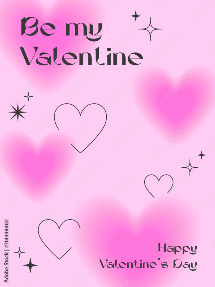 Valentines Day greeting poster template in 90s style.Romantic vector illustrations in y2k aesthetic with linear shapes,blurred hearts,sparkles.Modern design for smm,invitations,prints,promo offers.