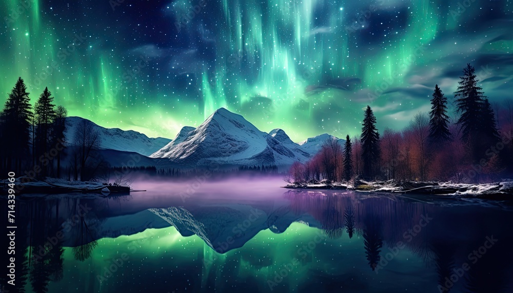 View of night sky with aurora borealis and mountain peak background. Night glows in vibrant aurora reflection on the lake with forest.