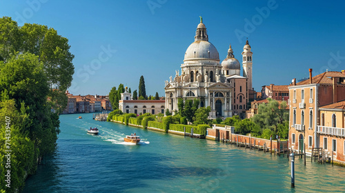 Renaissance cathedral with a detailed cupola and frescoes, surrounded by lush greenery and a sparkling river under a clear sky © Marco Attano