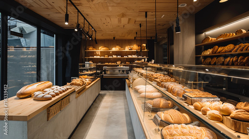 minimalist bakery with sleek design, showcasing an array of artisan breads and pastries, soft diffused lighting, a calm morning scene