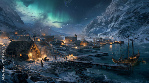 Viking settlement in Greenland, showing turf houses, a small dock with a longship, villagers working, and the harsh, icy environment surrounding them, with northern lights in the night sky