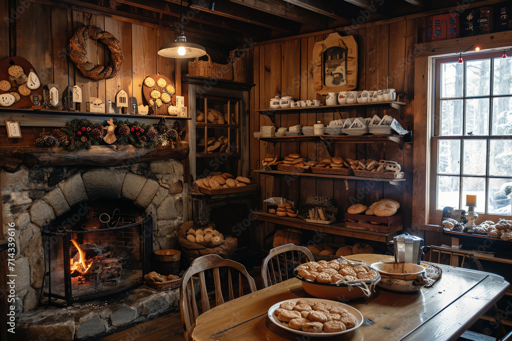 wood-paneled bakery with home-style bread and cookies, a fireplace in the corner, cozy and inviting, a winter morning wood-paneled bakery with home-style bread and cookies, a fireplace in the corner, cozy and inviting, a winter morning