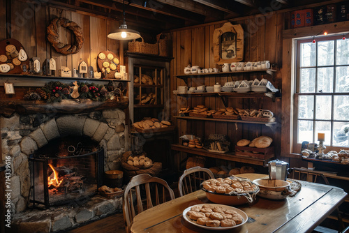 wood-paneled bakery with home-style bread and cookies, a fireplace in the corner, cozy and inviting, a winter morning