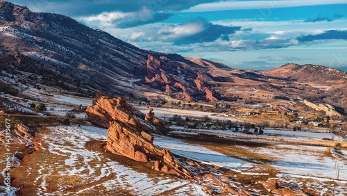 Red Rocks on a sunny day with cloud movement, winter season, drone hyperlapse, Colorado, 4K photo