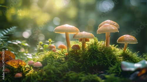 Group of Mushrooms on Lush Green Field