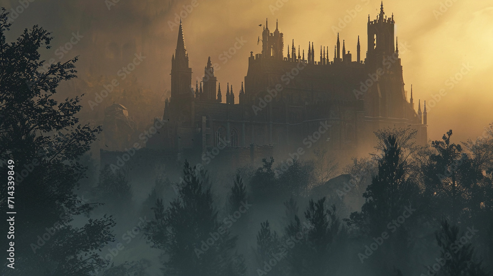 Medieval cathedral with fortress-like walls and narrow windows, standing tall in a misty forest clearing during a foggy dawn