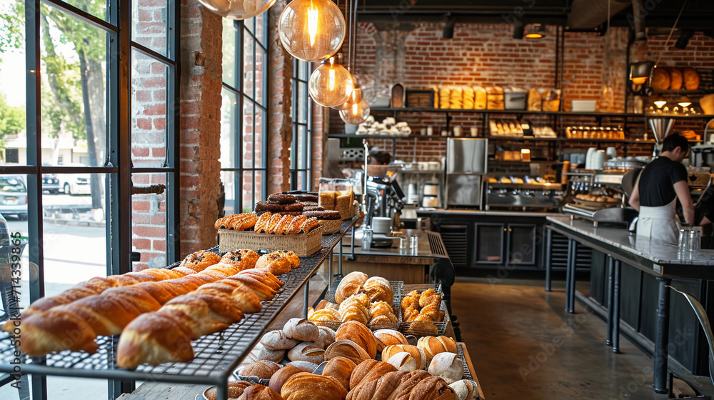 bakery with exposed brick walls, sourdough breads and eclairs on metal racks, trendy and bustling, a busy weekday bakery with exposed brick walls, sourdough breads and eclairs on metal racks, trendy and bustling, a busy weekday
