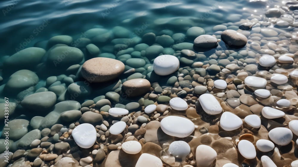 White stones with sun lights shadow in clear ripple water. Sea stones in the sea water. Pebbles under water. top view. abstract spa background concept banner for cosmetic care product.Ai generative White stones with sun lights shadow in clear ripple water. Sea stones in the sea water. Pebbles under water. top view. abstract spa background concept banner for cosmetic care product.Ai generative
