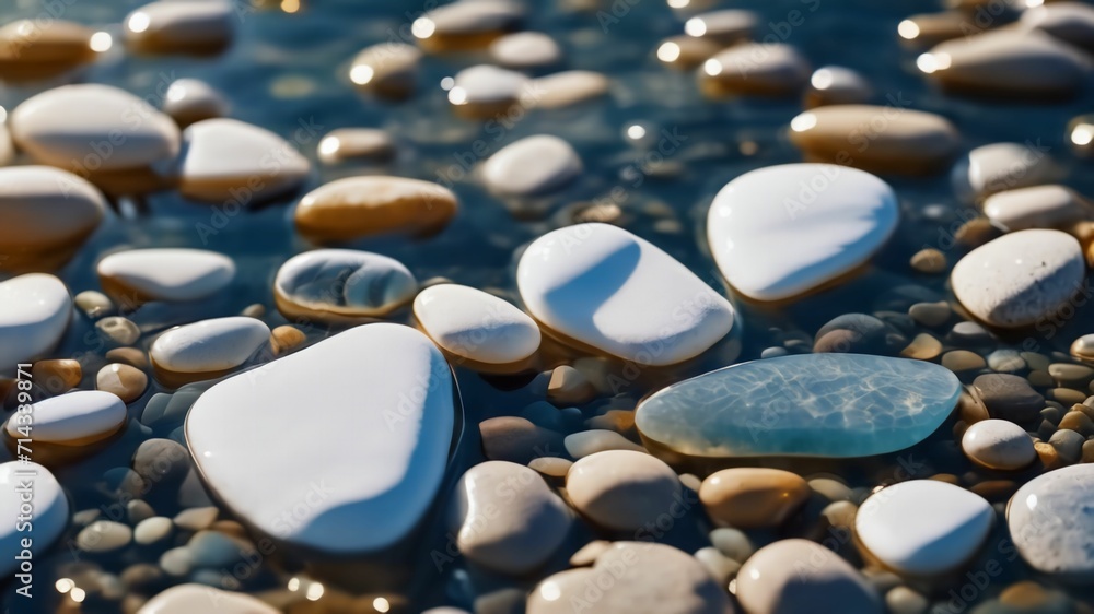 White stones with sun lights shadow in clear ripple water. Sea stones in the sea water. Pebbles under water. top view. abstract spa background concept banner for cosmetic care product.Ai generative White stones with sun lights shadow in clear ripple water. Sea stones in the sea water. Pebbles under water. top view. abstract spa background concept banner for cosmetic care product.Ai generative