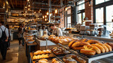 bakery with exposed brick walls, sourdough breads and eclairs on metal racks, trendy and bustling, a busy weekday