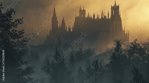Medieval cathedral with fortress-like walls and narrow windows, standing tall in a misty forest clearing during a foggy dawn