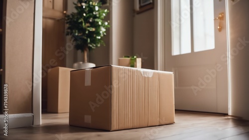 Online shopping delivery service concept. Cardboard parcel box delivered to the front door. Package near front door. © Grigoriy