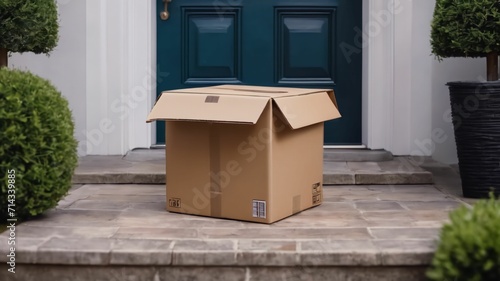 Online shopping delivery service concept. Cardboard parcel box delivered to the front door. Package near front door.