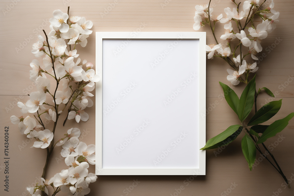 Frame mockup on light background with copy space. Spring, floral and interior concept. Front view photography style Frame mockup on light background with copy space. Spring, floral and interior concept. Front view photography style