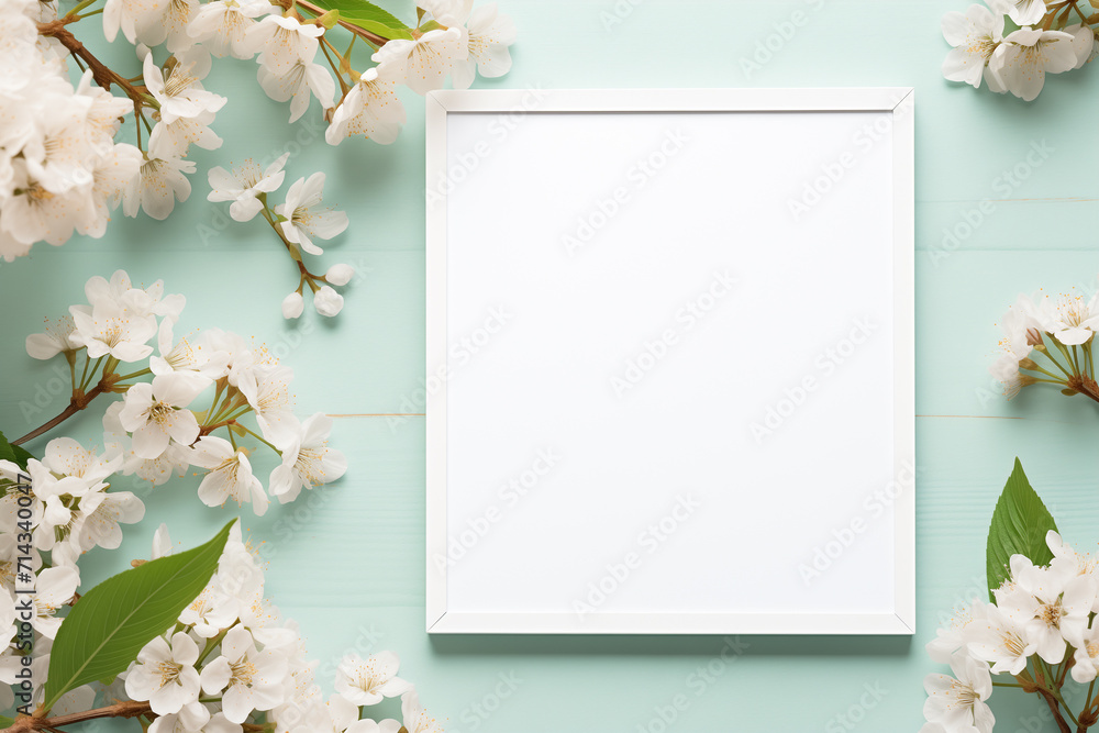 Empty white frame mockup on green background with cherry blossoms. Spring, floral and interior concept. Front view photography style