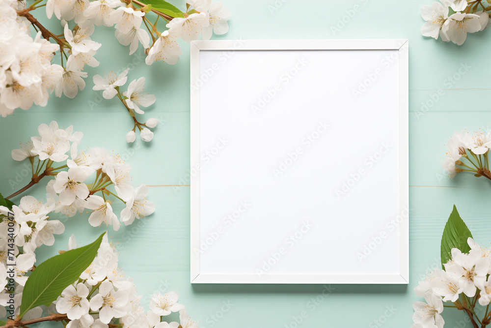 Empty white frame mockup on green background with cherry blossoms. Spring, floral and interior concept. Front view photography style Empty white frame mockup on green background with cherry blossoms. Spring, floral and interior concept. Front view photography style