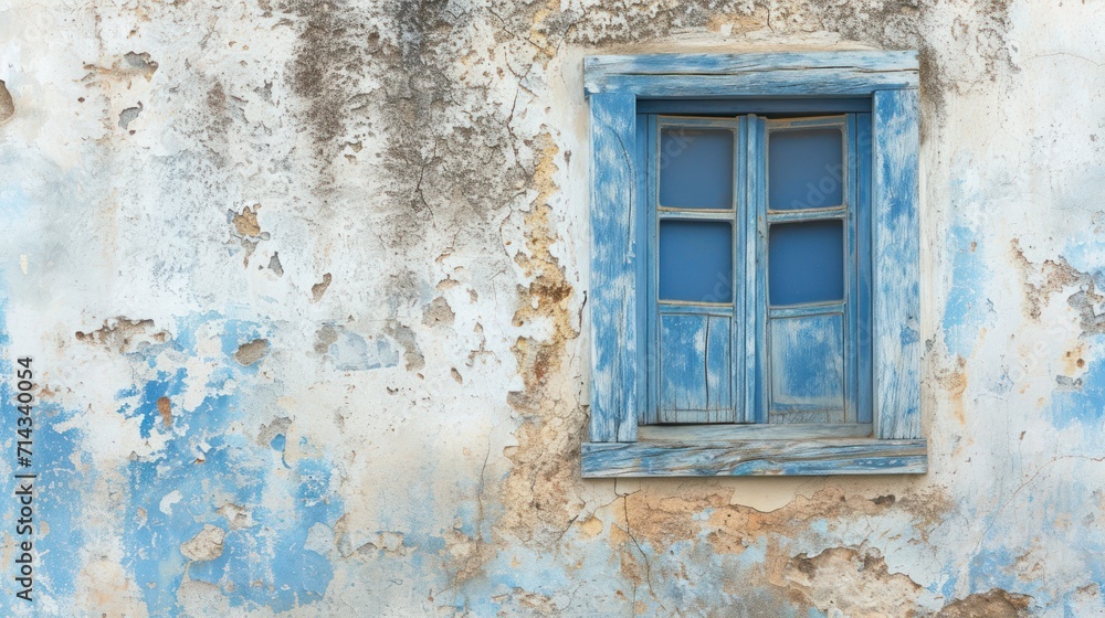  an old building with a blue window and peeling paint on the side of the building and a cat sitting on the window sill in front of the window sill.