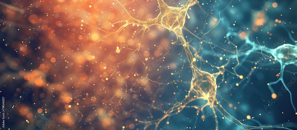 Abstract 3D illustration of neurons and data flow on a porous bone background, with network connections and waves. Abstract 3D illustration of neurons and data flow on a porous bone background, with network connections and waves.