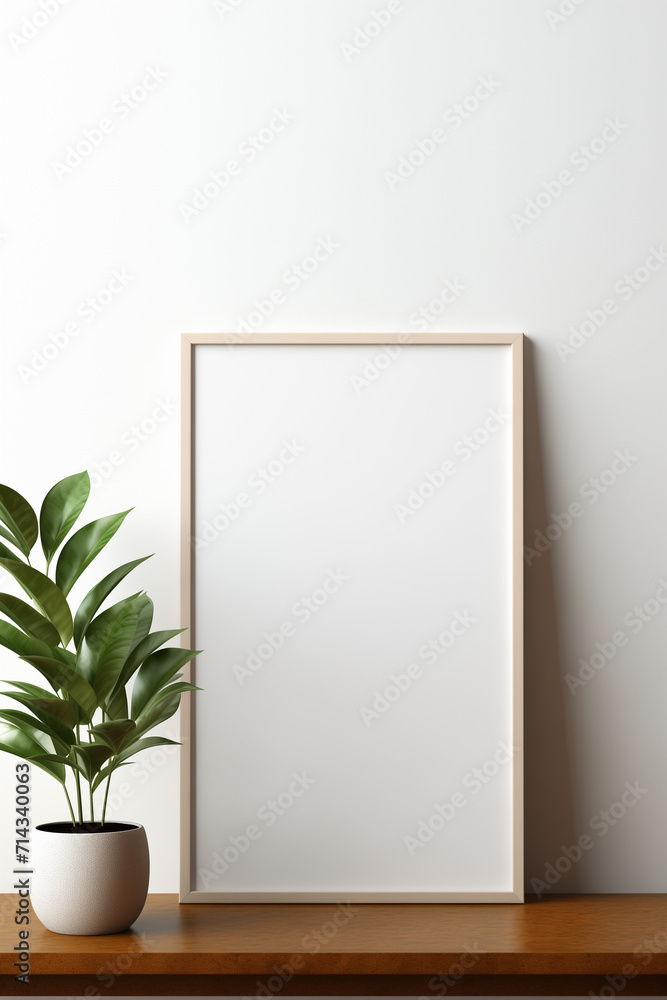 Empty white frame mockup on light background with copy space. Minimalistic interior concept. Front view photography style Empty white frame mockup on light background with copy space. Minimalistic interior concept. Front view photography style