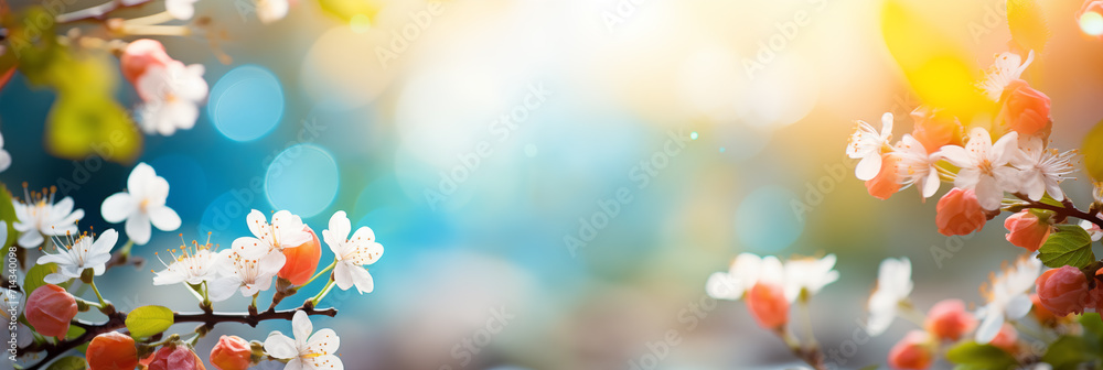 Cherry blossoms on light blurred background. Spring frame flat lay style. Springtime, easter and nature concept. Design for banner, greeting cards, templates and invitations