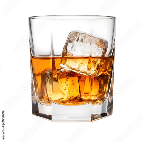 A close-up of a whiskey glass with ice cubes on transparent background