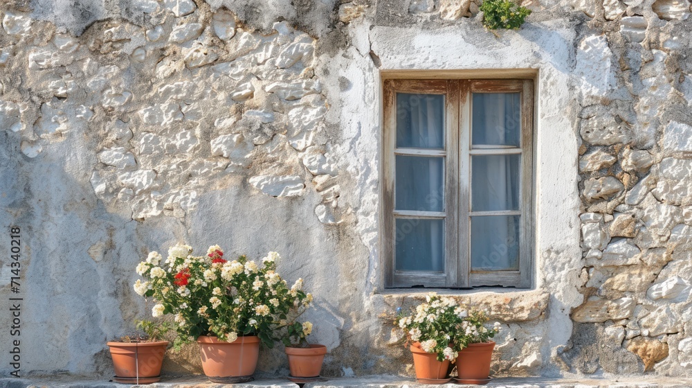  a couple of potted plants sitting in front of a window on a stone building with a window sill on the side of the building and a window sill.