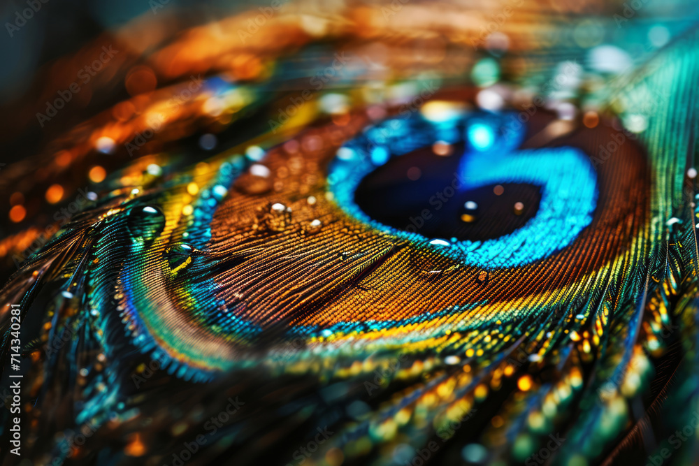 Fototapeta premium This image features a close-up of a peacock feather, highlighting the intricate patterns and vibrant iridescence.