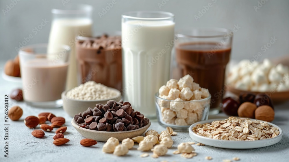 Assortment of plant-based milk alternatives on a clean white surface, dairy-free lifestyle concept Assortment of plant-based milk alternatives on a clean white surface, dairy-free lifestyle concept