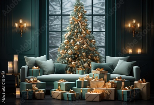 Festive 3D rendering of a Christmas background featuring beautifully wrapped gift boxes and a decorated Christmas tree in a spacious room with a large window © YULIA