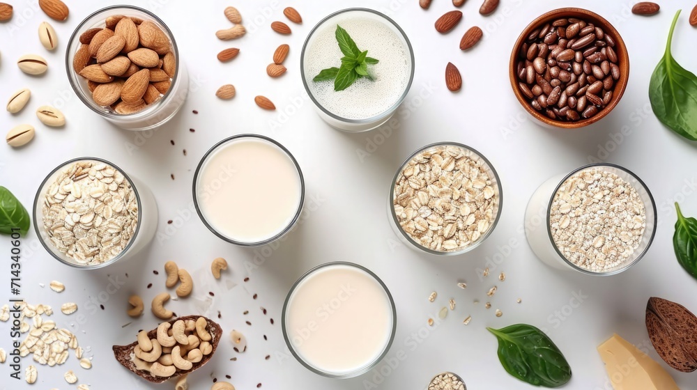 Assortment of plant-based milk alternatives on a clean white surface, dairy-free lifestyle concept Assortment of plant-based milk alternatives on a clean white surface, dairy-free lifestyle concept